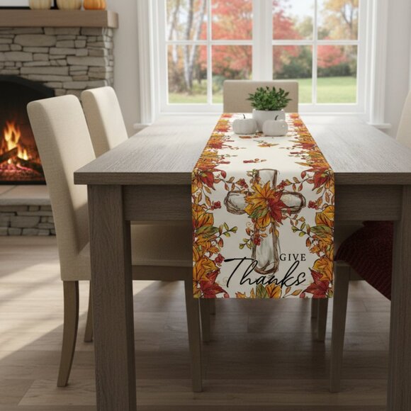 Fall Table Runner Christian Cross Decor Autumn Thanksgiving Decoration Cloth 72" - Picture 3 of 4